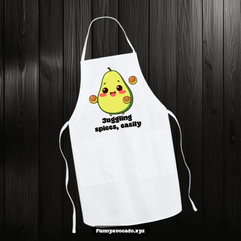 Funny Avocado Apron: A cheerful avocado juggling two pits, a humorous and practical kitchen accessory.