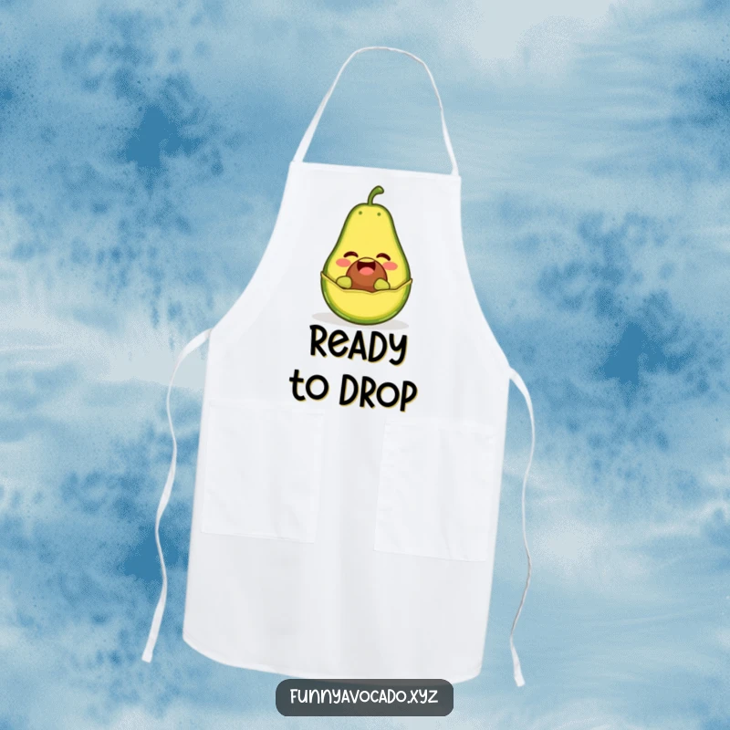 Funny apron showcasing a giggling avocado character popping out of its peel like a jack-in-the-box, for a fun kitchen.