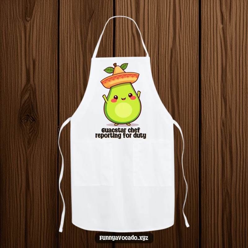 Funny avocado character wearing a sombrero on a kitchen apron, ready to cook, whimsical and practical, ideal for a funny gift.