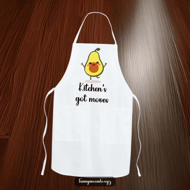Funny Avocado Apron: A smiling avocado with tiny legs doing a silly dance, a humorous and practical kitchen accessory.