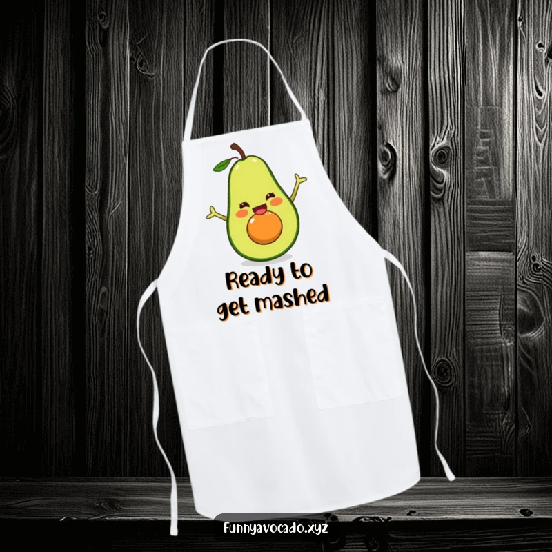Funny excited avocado apron, smiling while doing a happy split, a humorous and practical addition to kitchen wear.