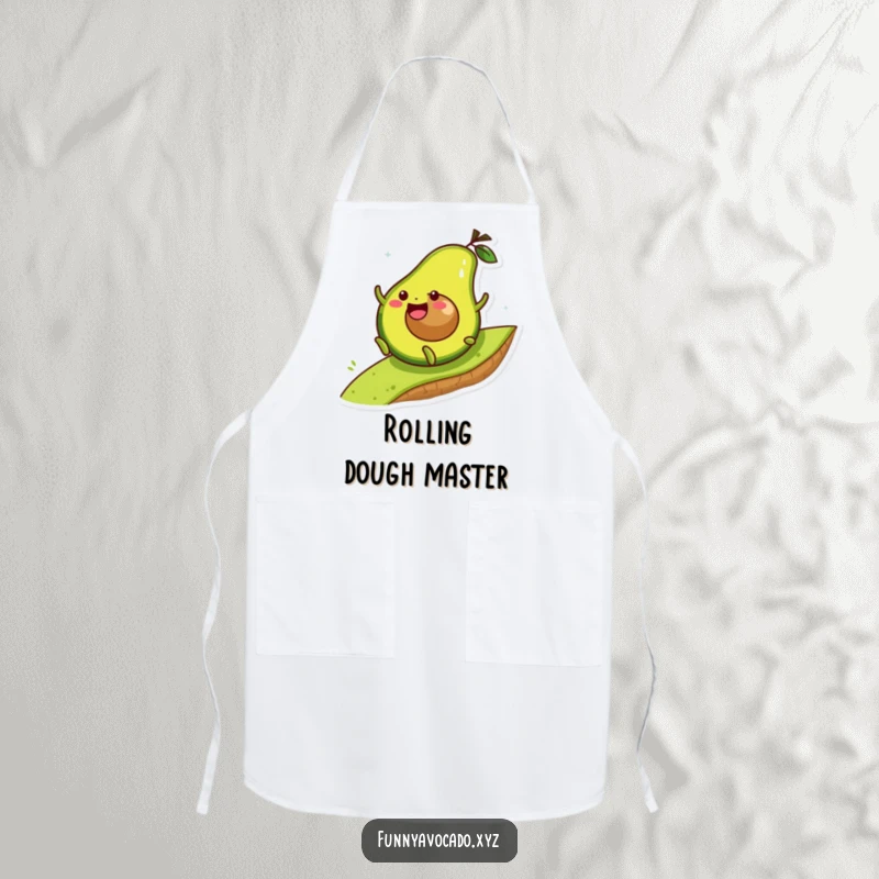 Funny avocado character joyfully rolling down a hill, a durable and washable apron for kitchen humor.