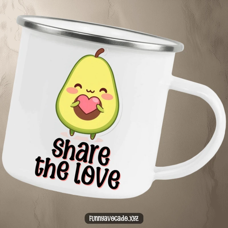 Funny camping mug with a blushing avocado character offering a tiny heart-shaped seed, perfect for outdoor affection.