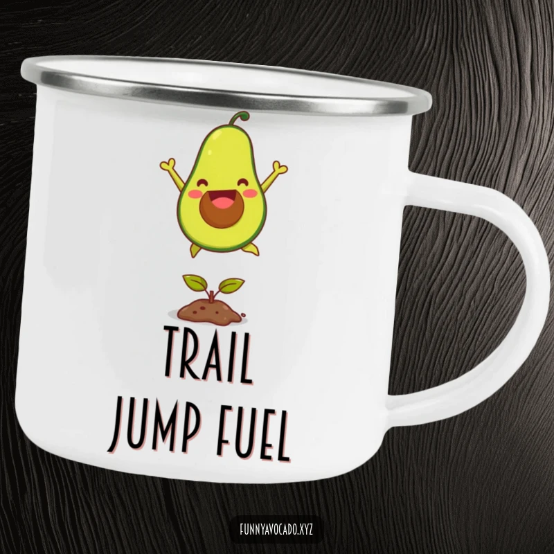 Funny joyful avocado camping mug, ready for outdoor fun, captured mid-jump over a seedling, a durable and humorous companion.