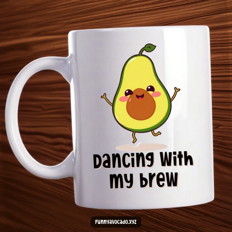 Funny Avocado Mug: A smiling avocado with tiny legs, joyfully performing a silly dance, bringing humor and happiness.