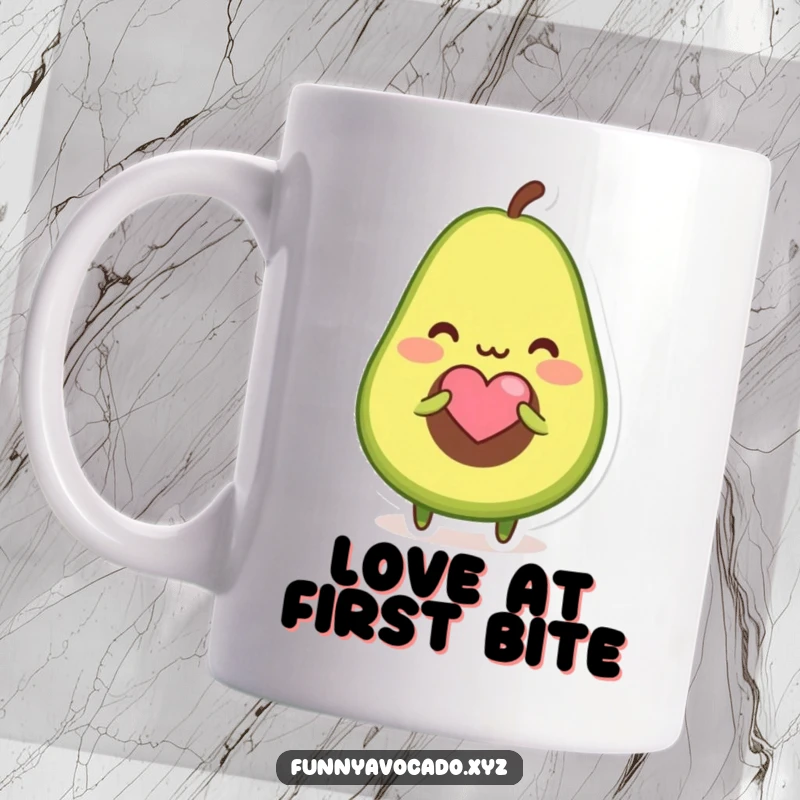Funny mug with a blushing avocado character offering a tiny heart-shaped seed, symbolizing love and sweetness.