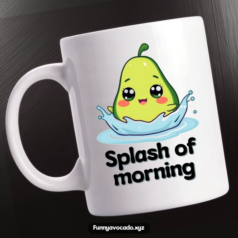 Funny avocado character with wide googly eyes gleefully splashing in water, a cheerful and silly mug design.