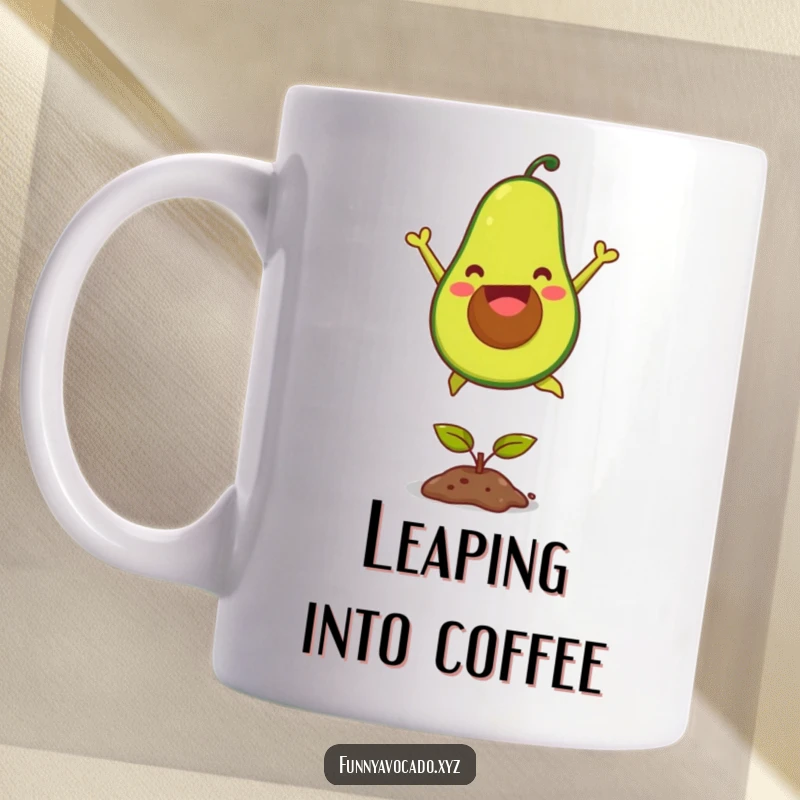 Funny joyful avocado mug, actively jumping over a small seedling with pure delight, a humorous and uplifting kitchen accessory.