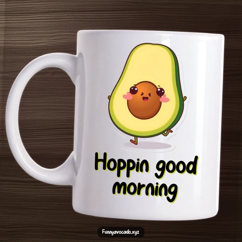 Funny cheerful avocado slice character mid-hop with a smile, a cute and humorous mug design.