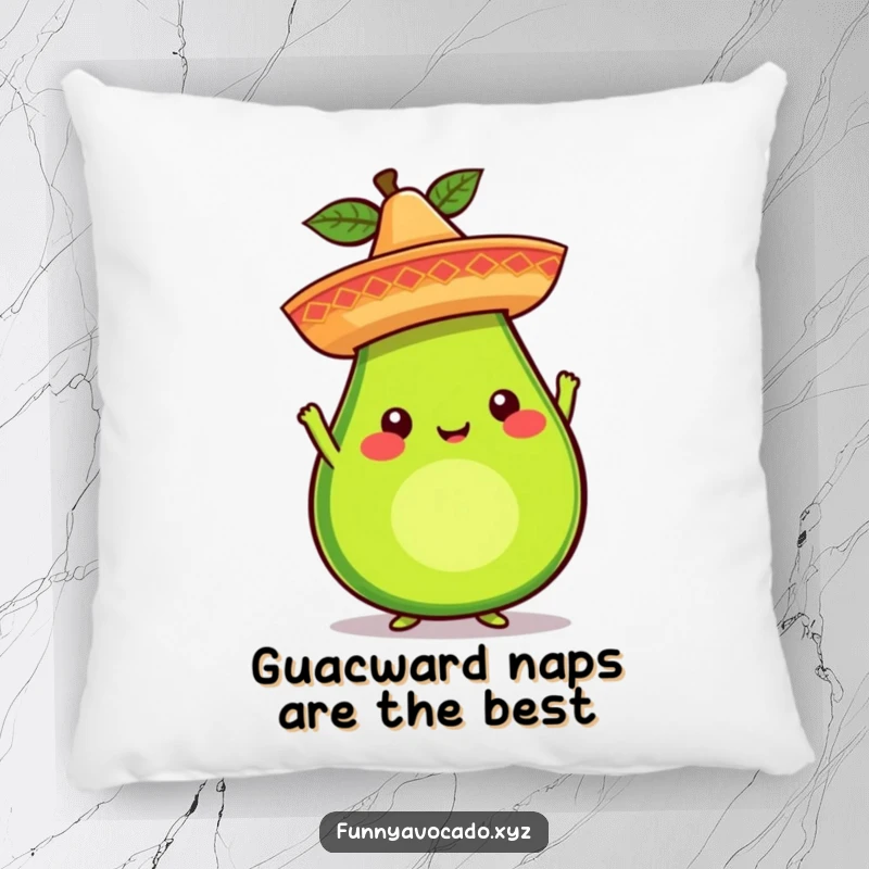Funny avocado character with a tiny sombrero on a plush pillow, offering whimsical comfort and a humorous touch to any room decor.