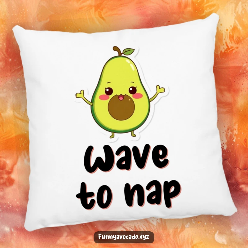 Funny avocado character with tiny arms waving enthusiastically, a soft and humorous pillow design.