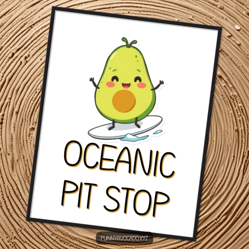 Funny avocado character with tiny legs cheerfully surfing a wave, high-resolution digital art for instant download.