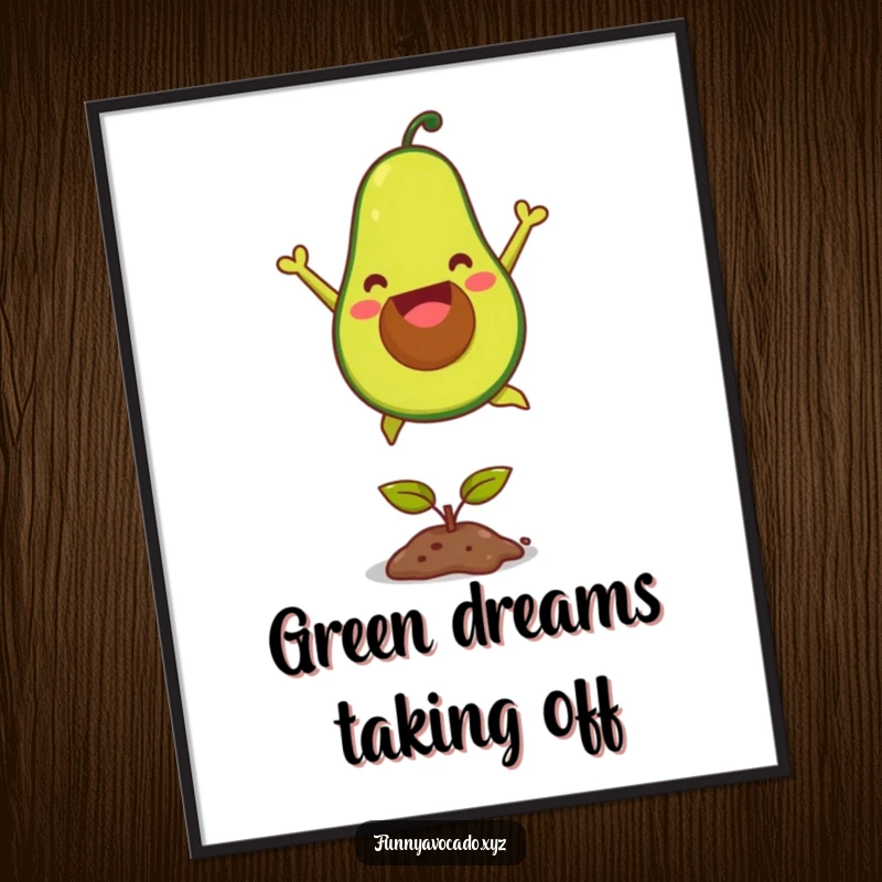 Funny joyful avocado digital art print, depicted in a dynamic leap over a seedling, creating cheerful and humorous wall decor.