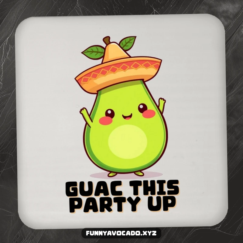 Funny avocado character with a sombrero on drink coasters, whimsical protection for surfaces, a set of charming and funny gifts.