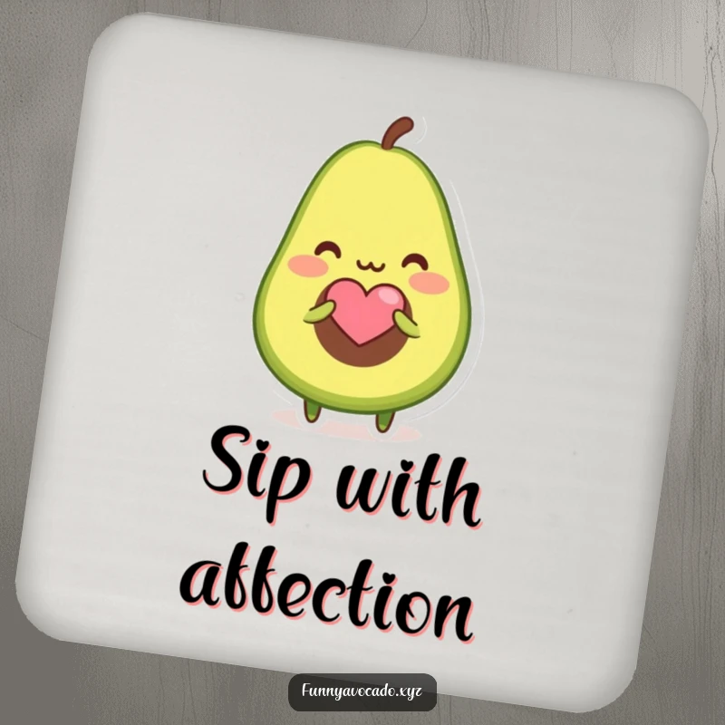 Funny drink coasters set with a blushing avocado character offering a tiny heart-shaped seed, ideal for sweet decor.