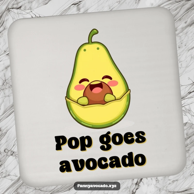Funny drink coasters set with a giggling avocado character popping out of its peel like a jack-in-the-box, for fun decor.