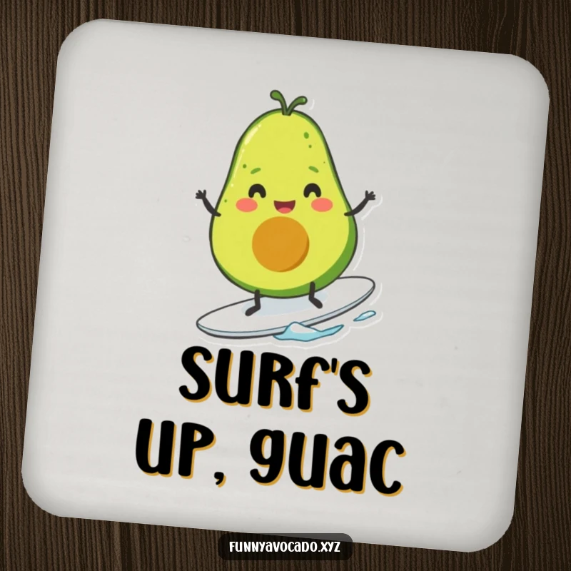 Funny smiling avocado with tiny legs surfing, a protective and humorous drink coaster illustration.