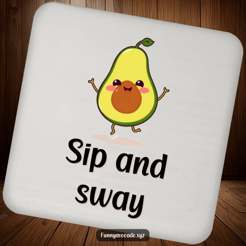 Funny Avocado Coaster: A smiling avocado with tiny legs doing a silly dance, a humorous and protective surface.