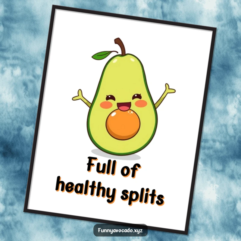 Funny excited avocado poster, in a dramatic happy split pose, creating a humorous and energetic piece of wall decor.