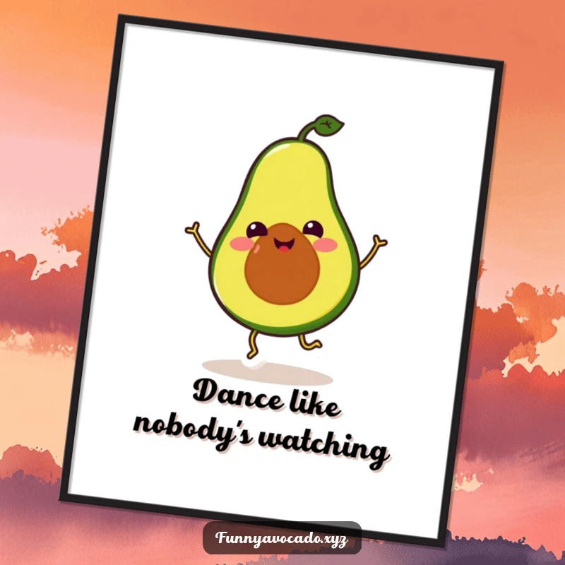 Funny Avocado Poster: A smiling avocado with small legs executing a funny, carefree dance move, bursting with joy.