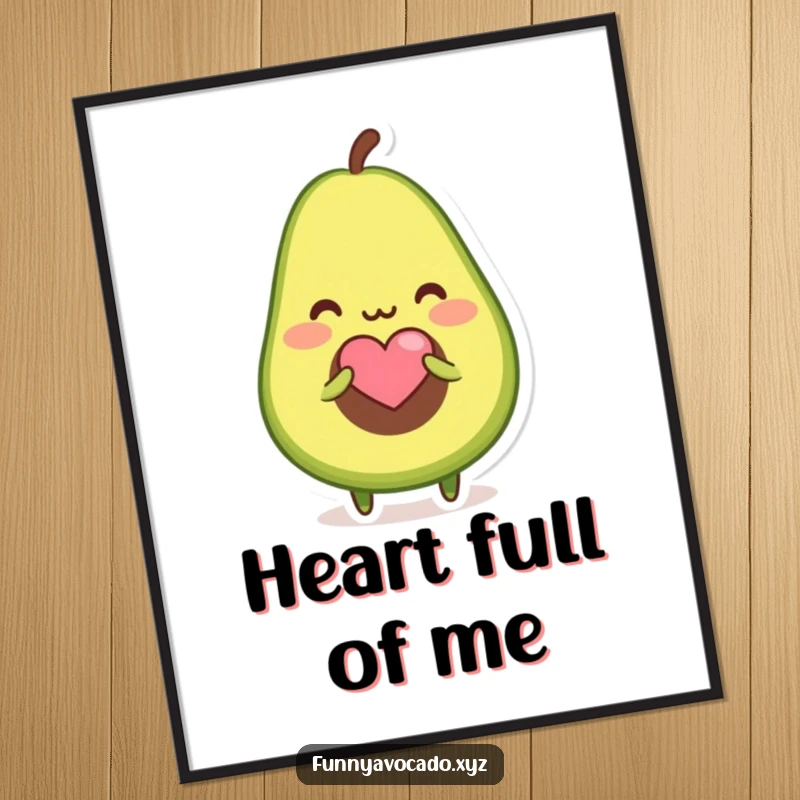Funny poster depicting a blushing avocado character offering a tiny heart-shaped seed, ideal for sweet wall decor.