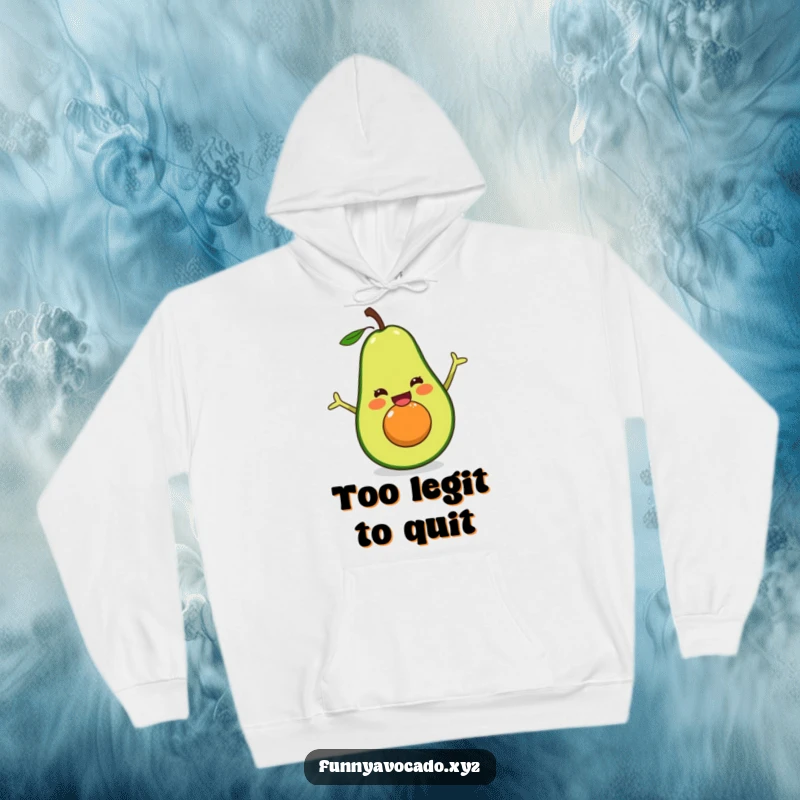 Funny cozy avocado hoodie, performing a happy split with infectious enthusiasm, ideal for warm and humorous casual wear.