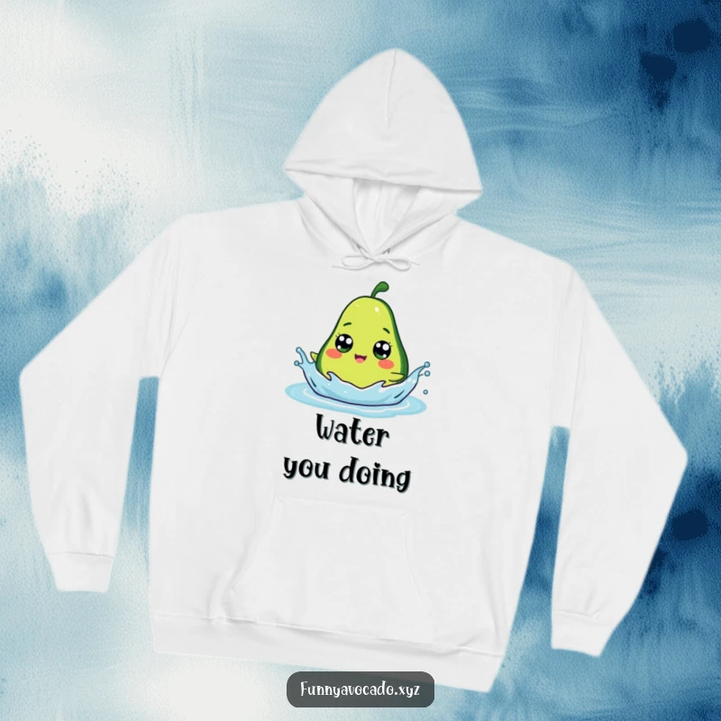 Funny avocado character with wide googly eyes splashing happily, a soft and humorous hoodie for cozy days.