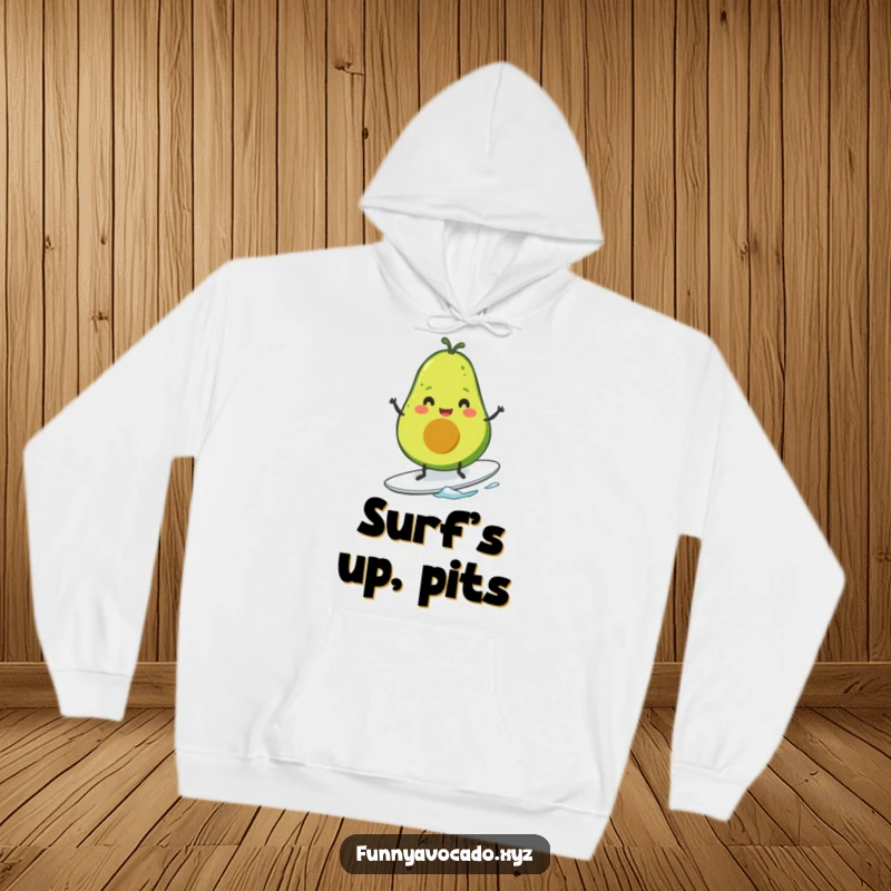 Funny avocado character with tiny legs surfing with a smile, cozy hoodie design for ultimate comfort and humor.