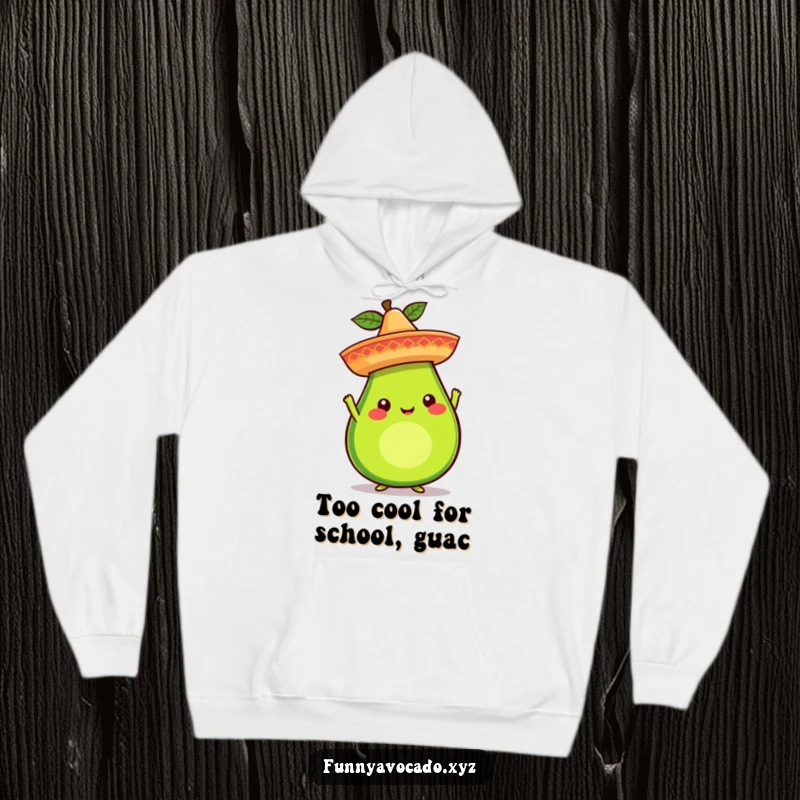 Funny avocado character balancing a tiny sombrero on a hoodie, soft and cozy, perfect for a whimsical and humorous look.