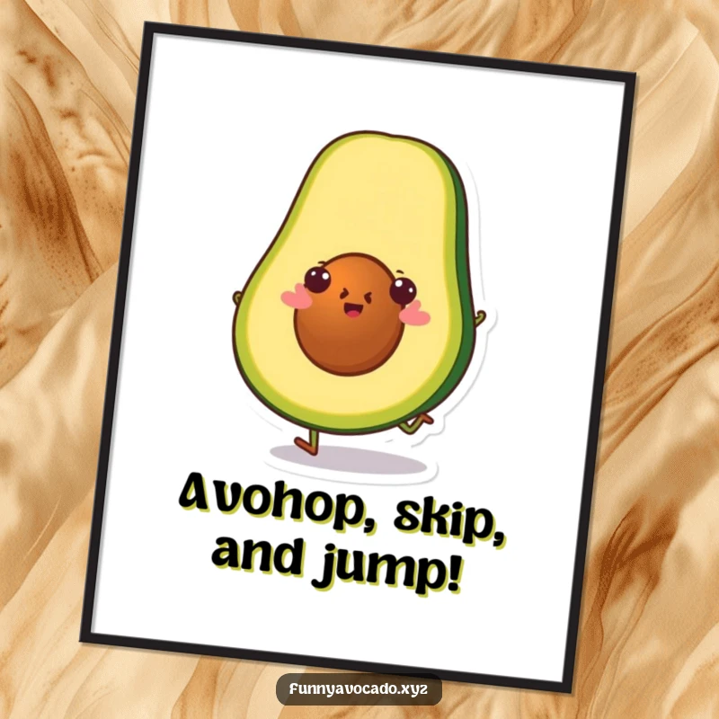 Funny Free Printable Wall Art: A cheerful avocado slice character is captured mid-hop, radiating pure joy and playful energy.