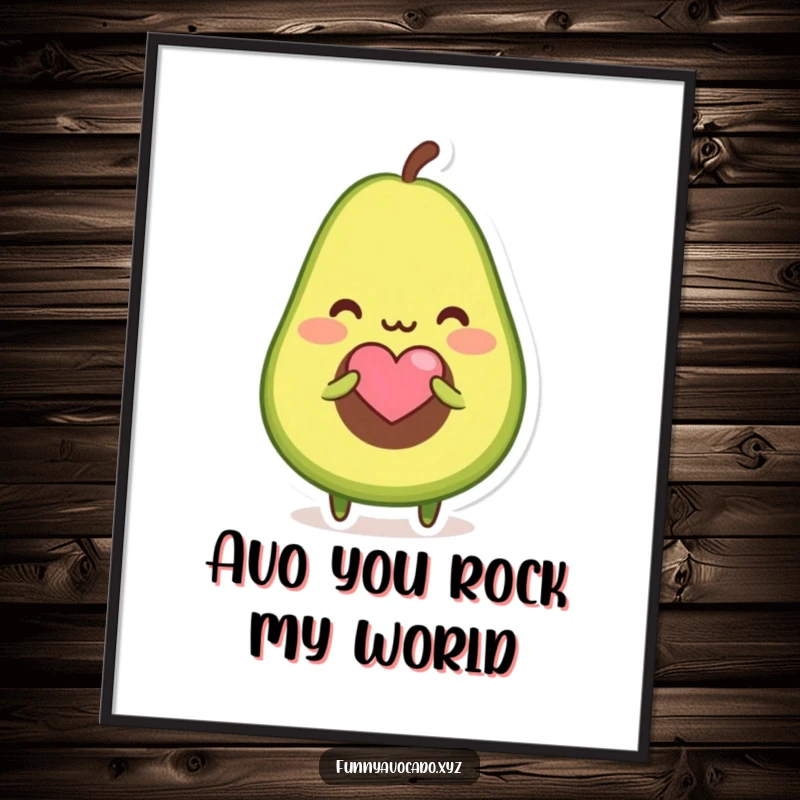 Funny Free Printable Wall Art depicting a blushing avocado character offering a tiny heart shaped seed, exuding warmth and affection.