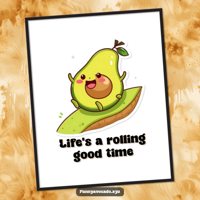 Funny Free Printable Wall Art: A joyful avocado character is captured mid-tumble down a grassy hill, radiating pure, unadulterated delight.
