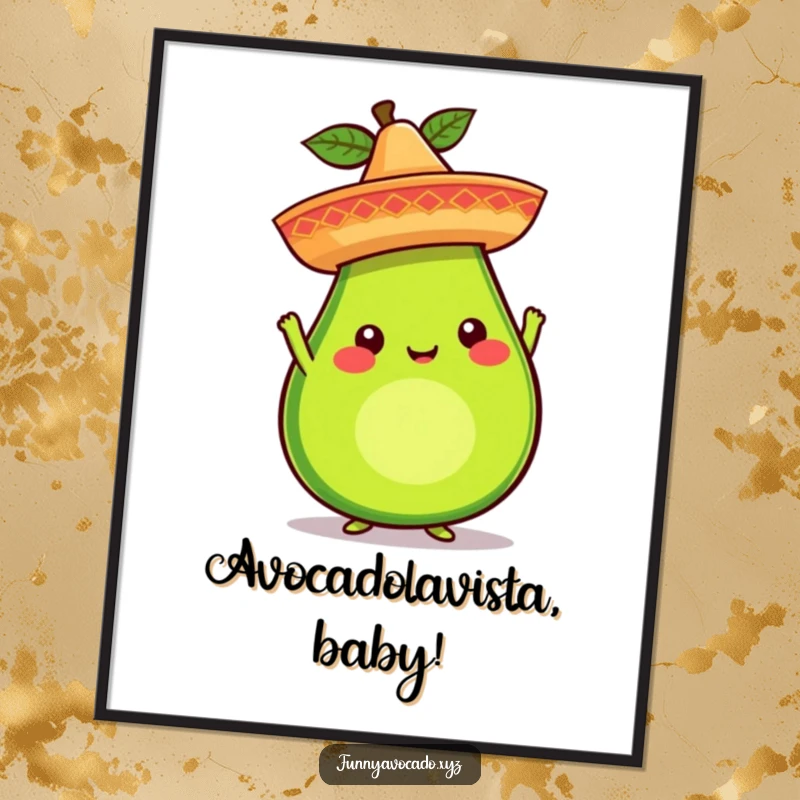 Funny Free Printable Wall Art: Whimsical avocado balancing a tiny sombrero, exuding festive charm. Downloadable art for quirky decor.