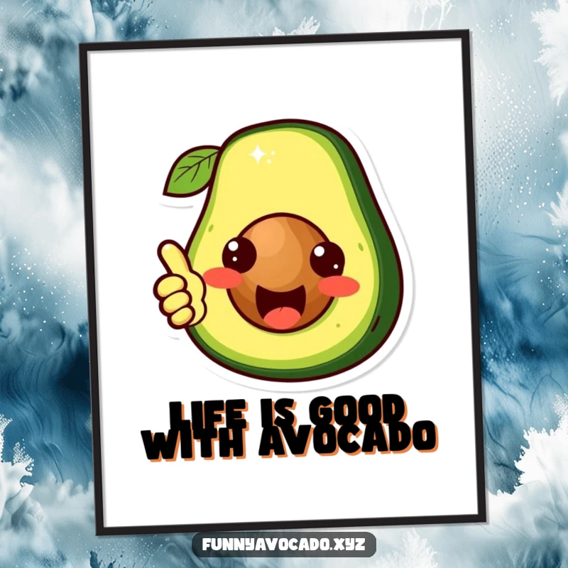 Funny Free Printable Wall Art: A cute avocado character giving a confident thumbs up with its pit. Downloadable art.