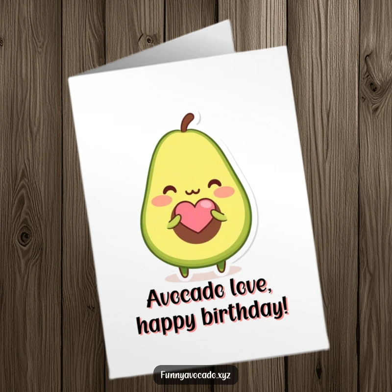 Funny Free Printable Birthday Card of a blushing avocado character offering a tiny heart shaped seed, showing pure affection.
