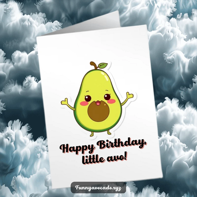 Funny Free Printable Birthday Card: A cute avocado with minuscule arms waves enthusiastically, celebrating a birthday with pure joy.