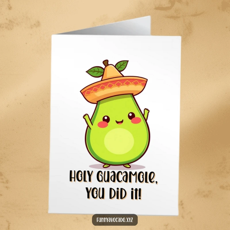 Funny Free Printable Congrats Card: Avocado sporting a jaunty sombrero, giving a thumbs-up. A downloadable gift for all celebrations.