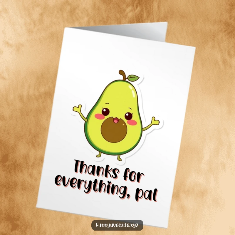 Funny Free Printable Thank You Card: A small avocado with surprisingly tiny arms waves happily, conveying sincere thanks with a smile.