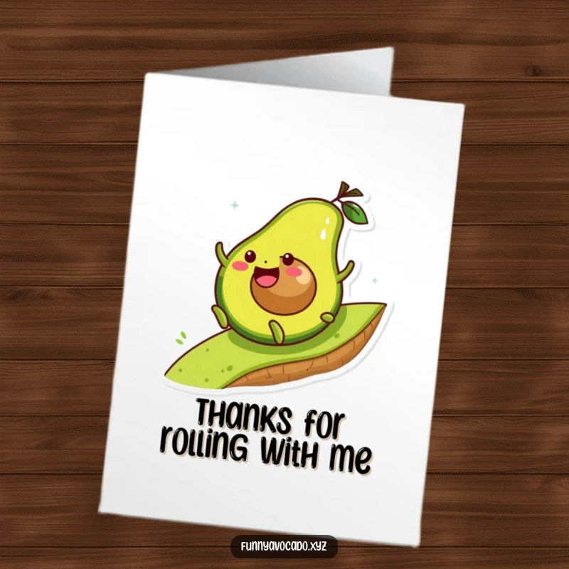Funny Free Printable Thank You Card: A happy avocado character rolls down a hill with pure delight, expressing thanks with a joyful tumble.