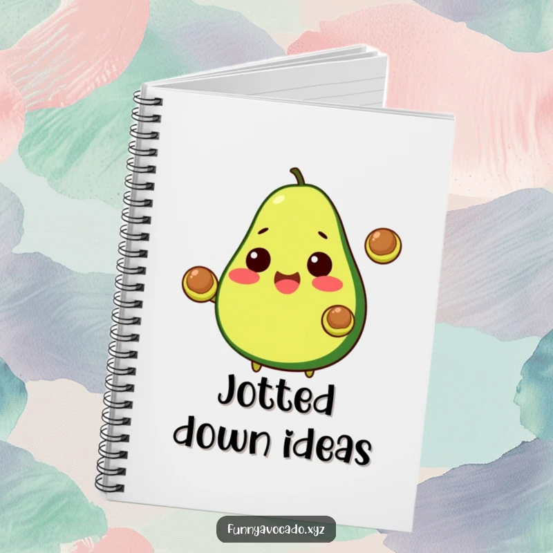 Funny Avocado Notebook: A happy avocado juggling two pits, perfect for funny brainstorming and note-taking.
