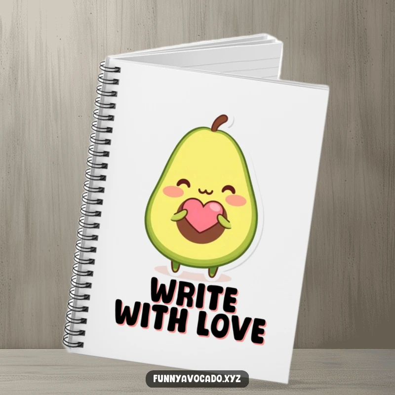 Funny notebook with a blushing avocado character offering a tiny heart-shaped seed, ideal for love notes.