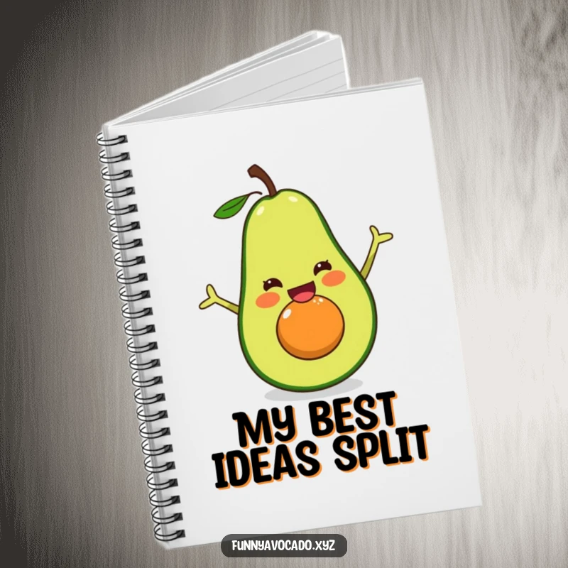 Funny excited avocado notebook, open and ready for notes, performing a happy split with enthusiasm, a humorous stationery item.