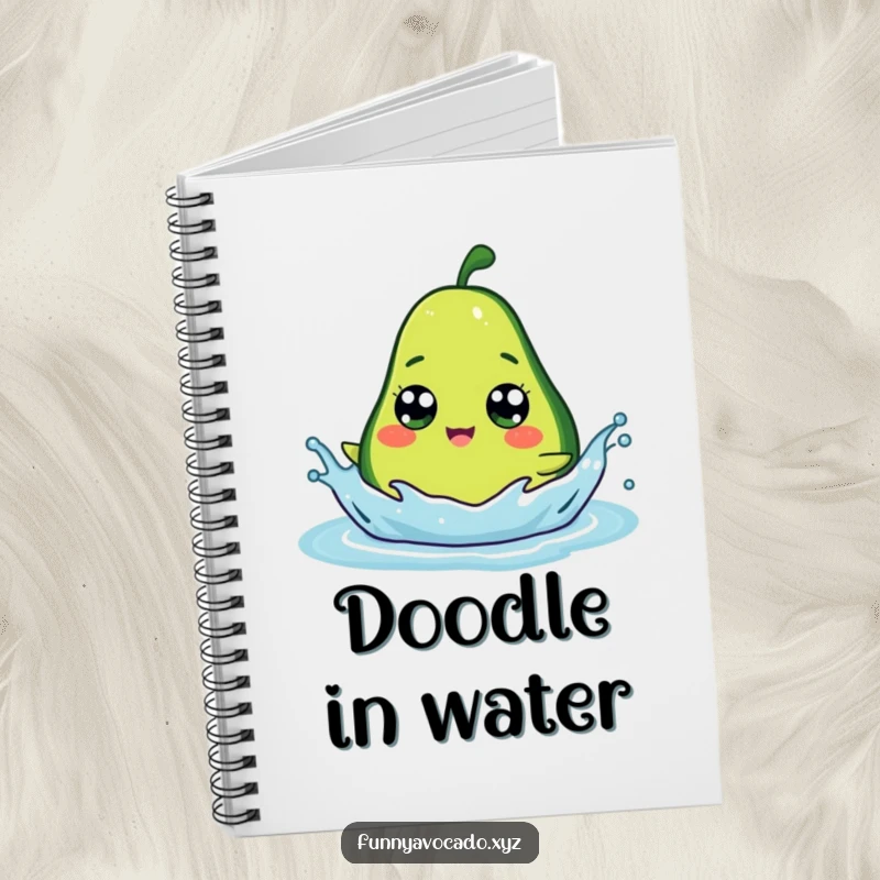 Funny avocado with big googly eyes splashing, a lined notebook for cheerful and humorous writing.