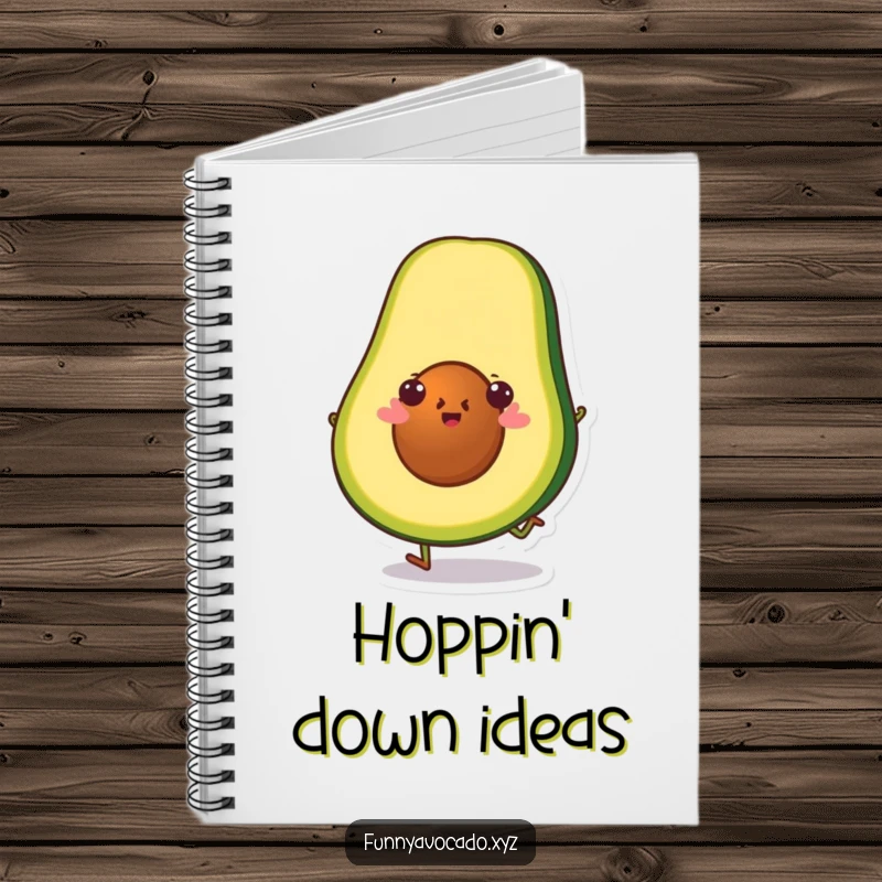 Funny avocado slice character doing a little hop, a lined notebook for cheerful and humorous writing.