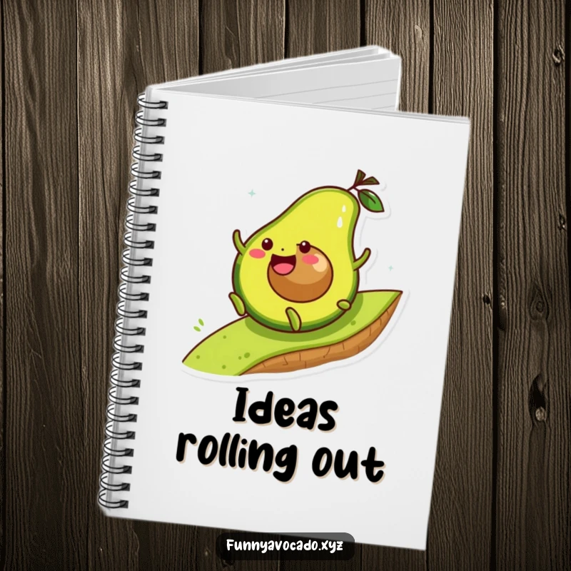 Funny avocado character joyfully rolling down a hill, a lined notebook for adventurous and humorous writing.