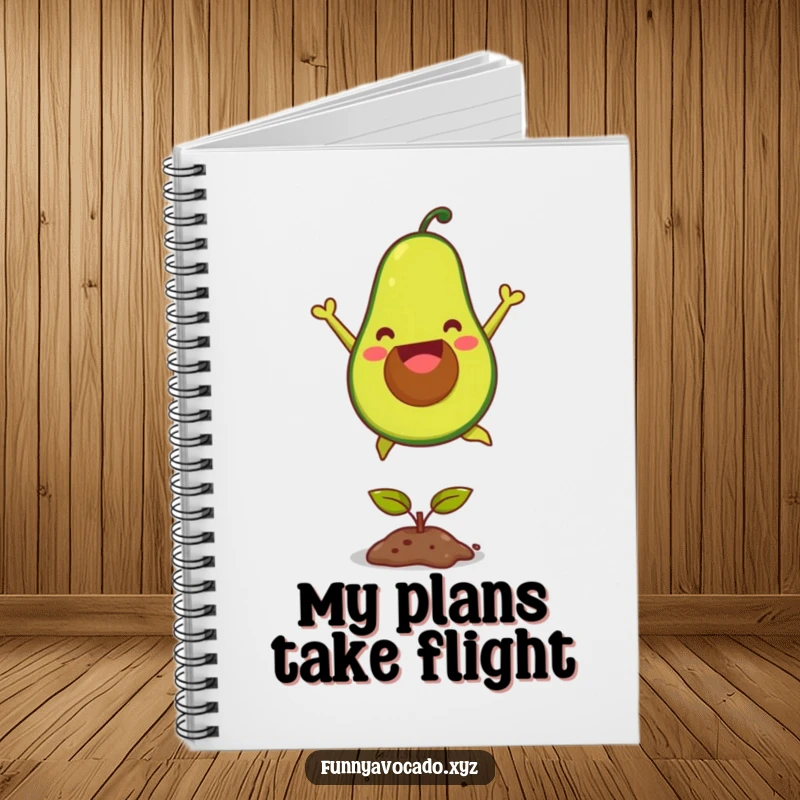 Funny joyful avocado notebook, open for writing, depicted leaping joyfully over a seedling, a humorous stationery item.