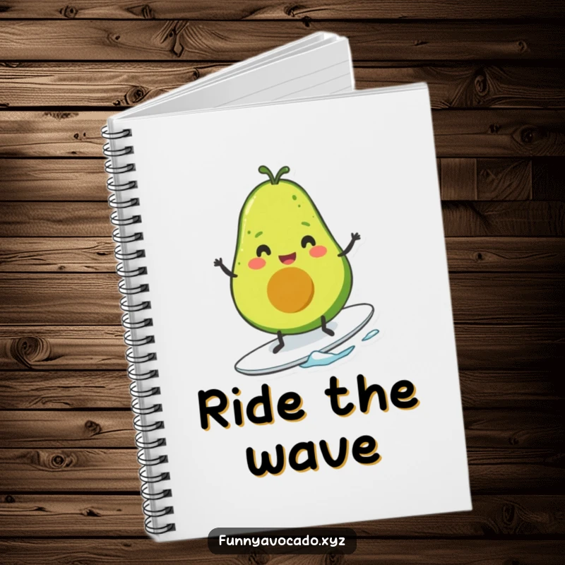 Funny smiling avocado with tiny legs riding a surfboard, a lined notebook for creative and humorous writing.