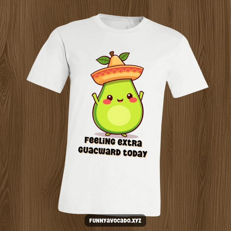 Funny avocado character wearing a miniature sombrero on a t-shirt, looking whimsical and ready for a fiesta, a cool graphic tee.