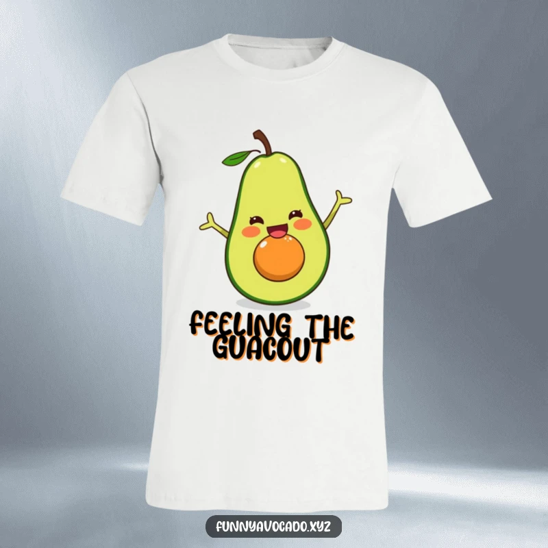 Funny excited avocado t-shirt, mid-split with ecstatic expression, showcasing a humorous and athletic fruit design for apparel.