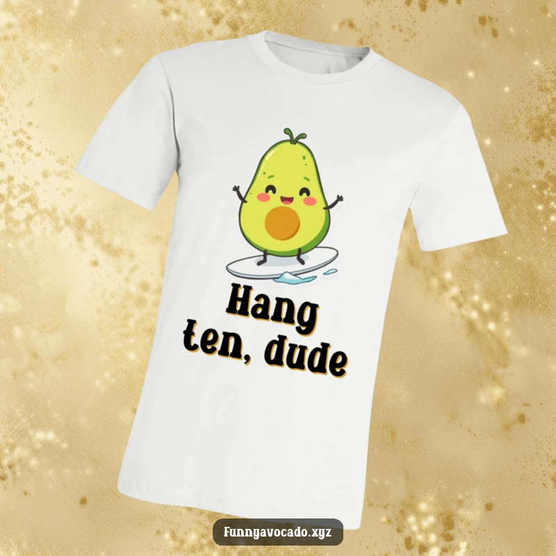 Funny smiling avocado with tiny legs doing a cheerful surf, vibrant beach design for t-shirt lovers.